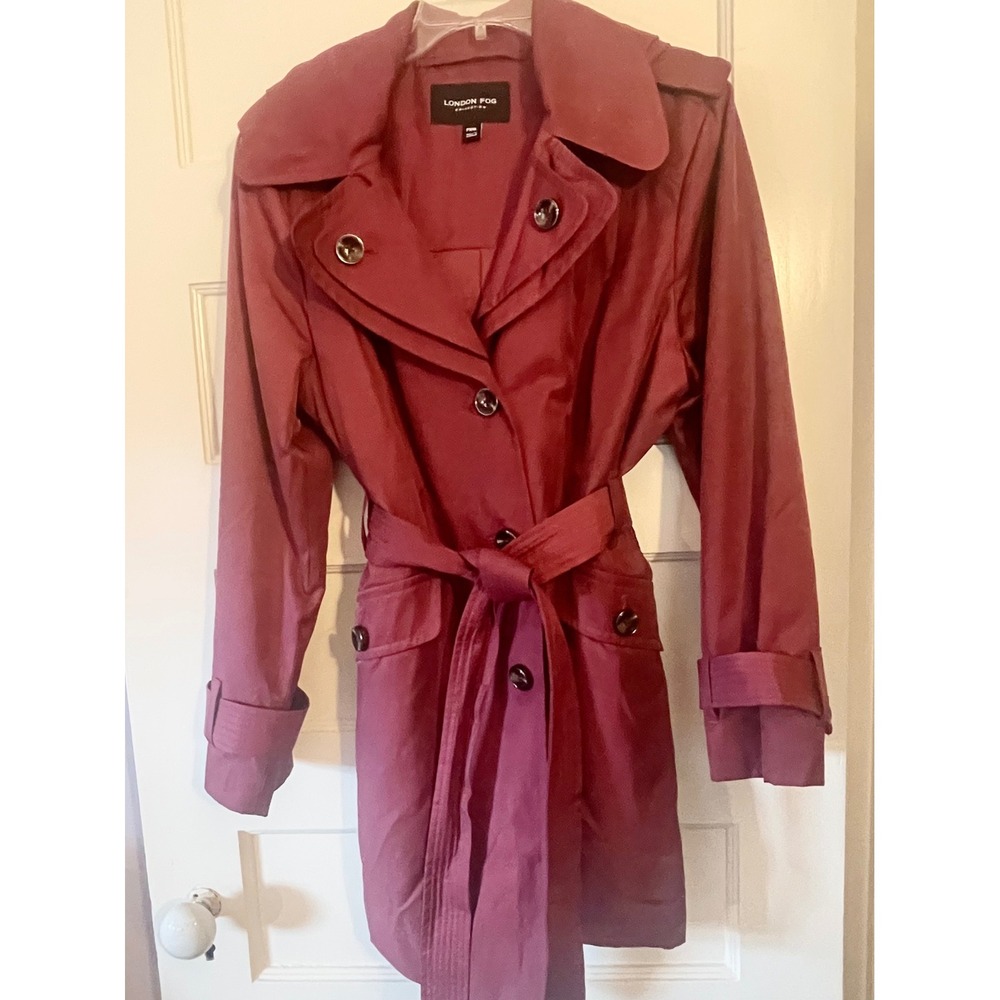 London Fog Collection PXXL Petite Burgundy Hooded Belted Trench Coat Women's